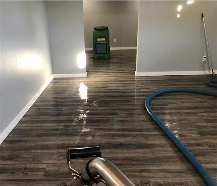 Water on wooden floor, there is a humidifier and extraction vacuum in the room